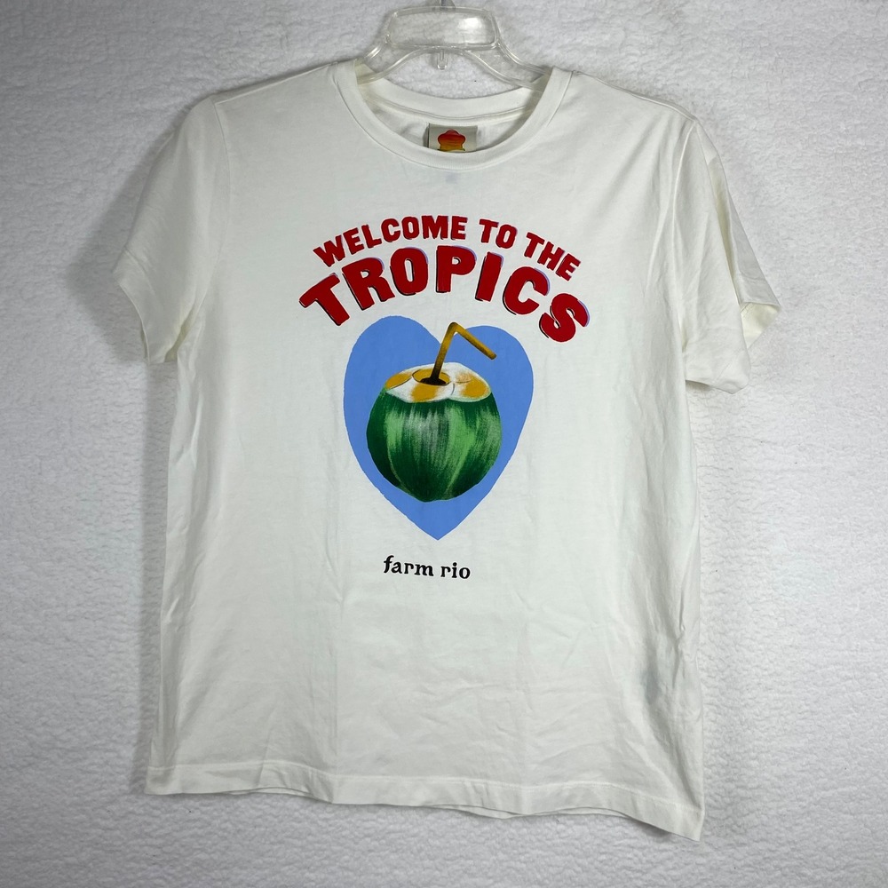 Farm Rio Welcome to the Tropics Coconut Graphic Tee White Cotton Medium 321796